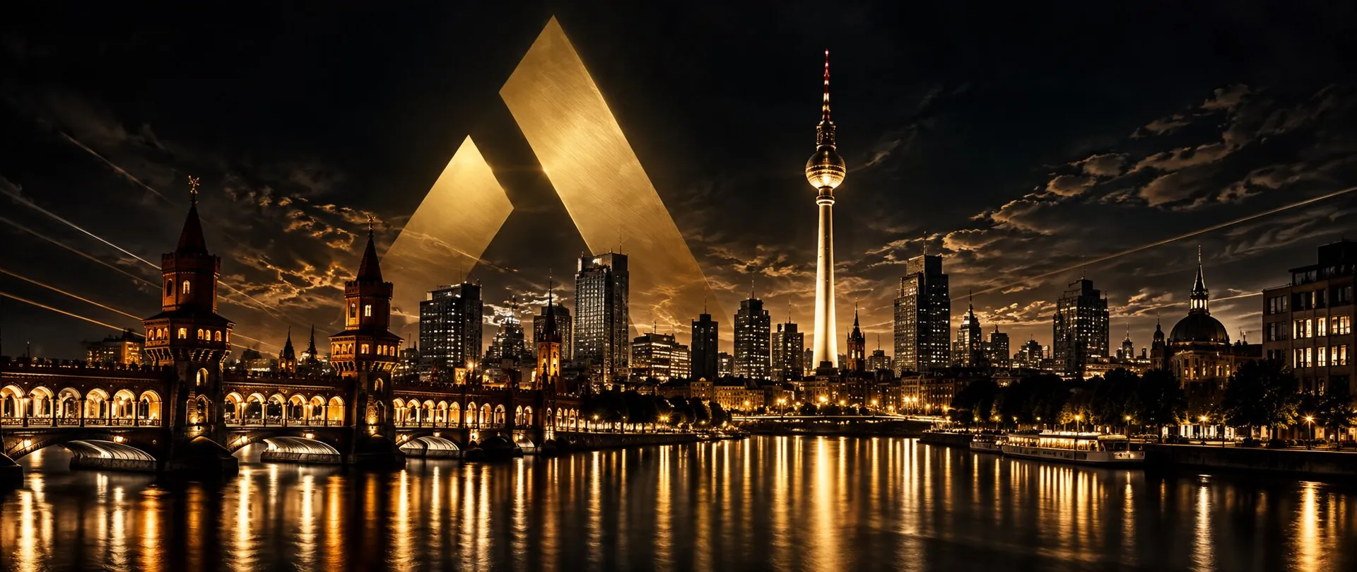 Goldene Nacht über Berlin Panorama von Berlin mit Oberbaumbrücke, Fernsehturm und goldenem Dreieck bei Nacht