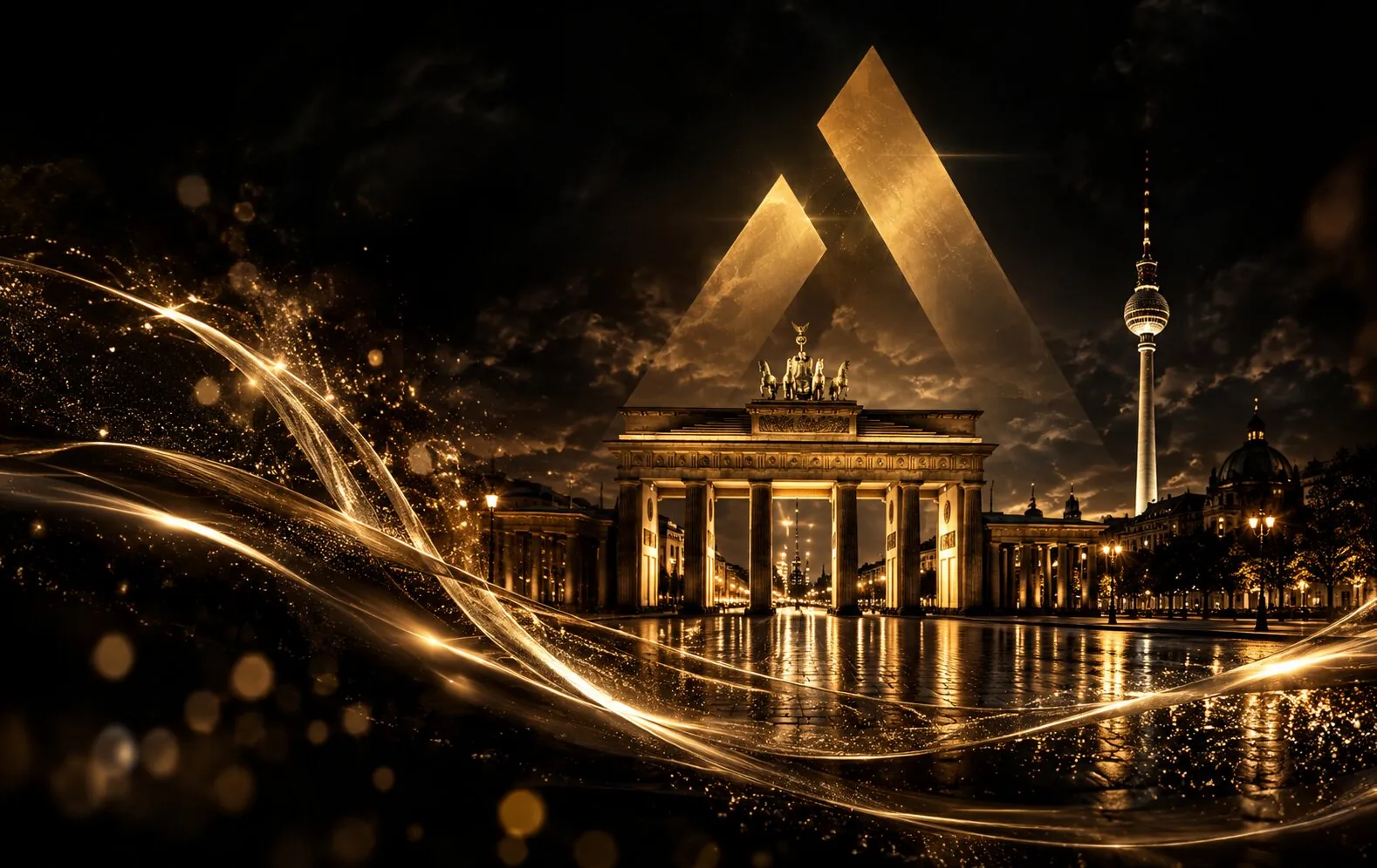 Brandenburger Tor und Fernsehturm bei Nacht unter einem goldenen Dreieck