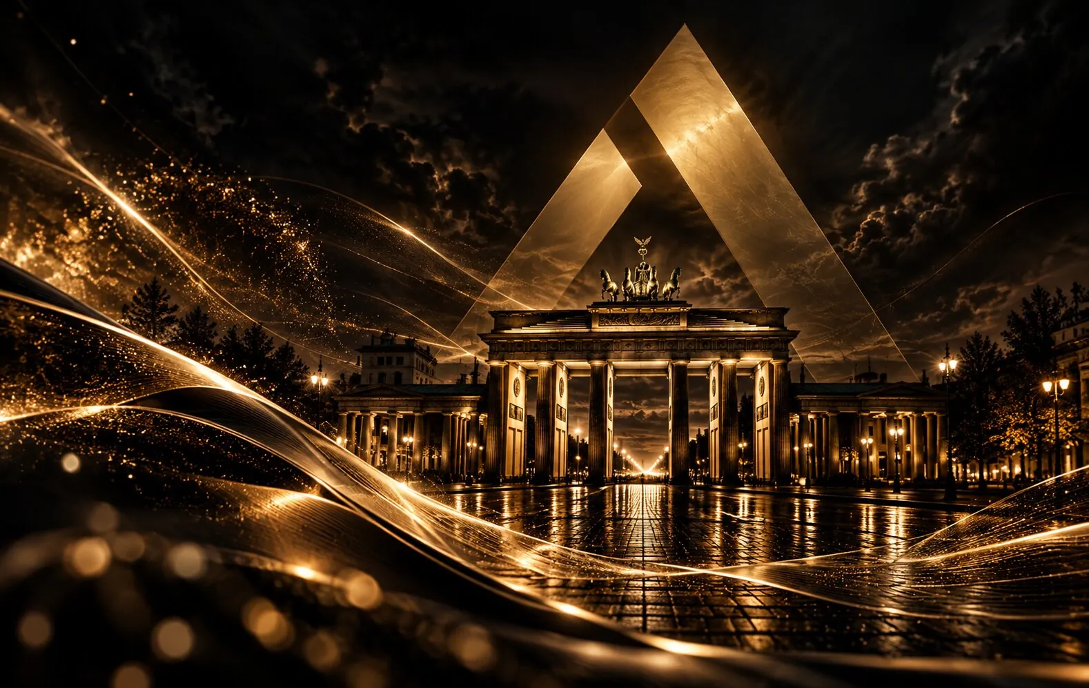 Brandenburger Tor mit goldenen Lichtwellen und goldenem Dreieck bei Nacht