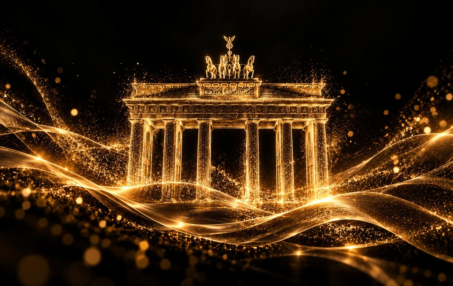 Brandenburger Tor aus goldenen Lichtpartikeln mit fließenden Lichtwellen