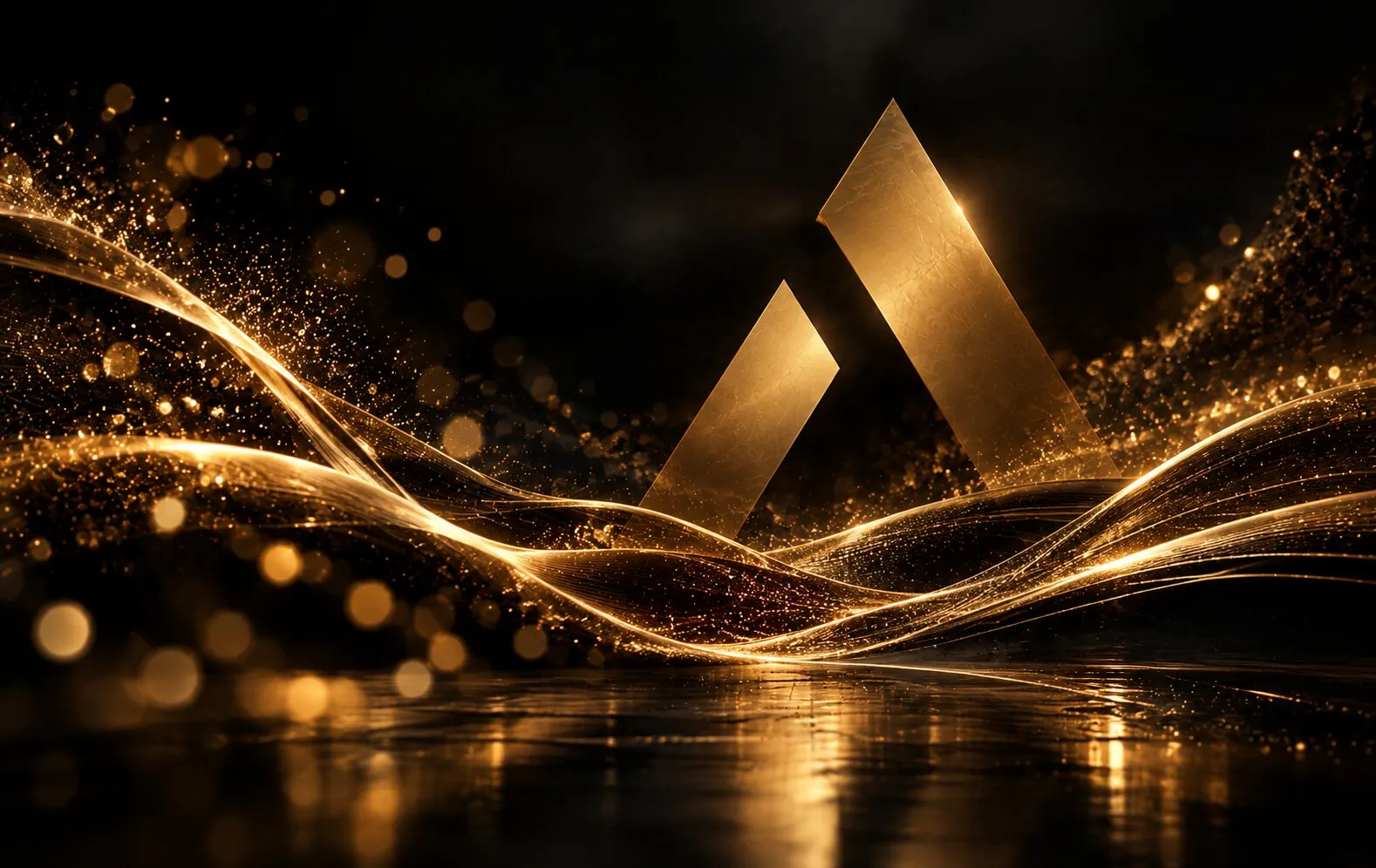 Goldene Lichtwellen mit dem Dreieck-Emblem über spiegelndem Wasser