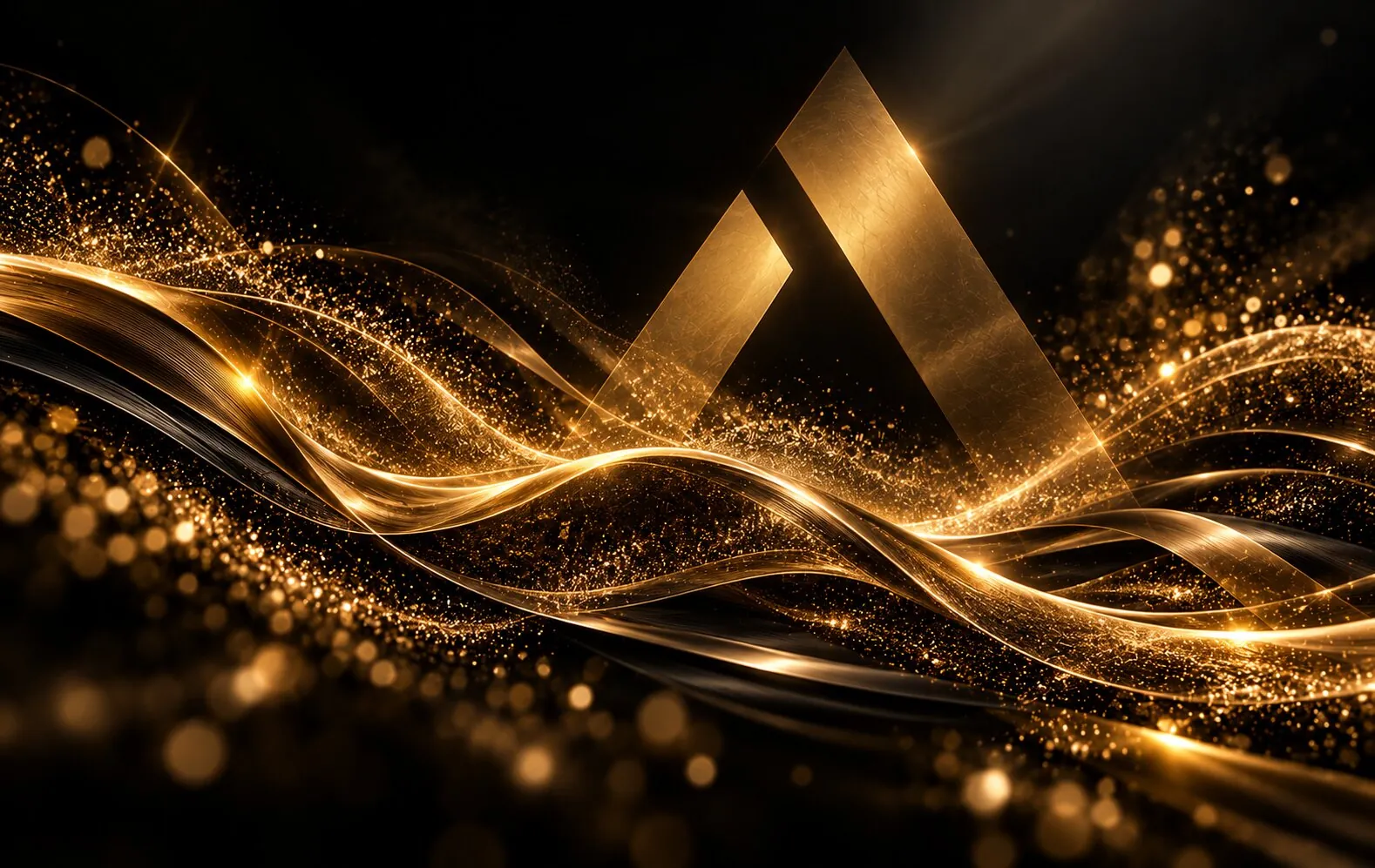 Lichtwellen in Gold Goldene Lichtwellen und Partikel auf schwarzem Grund mit goldenem Dreieck