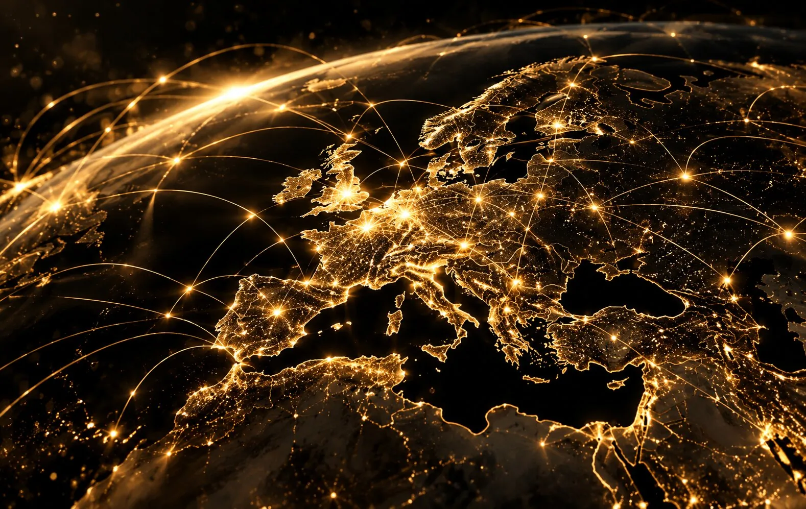 Goldene Netzwerkverbindungen über der Erdkugel als Symbol für digitale Vernetzung