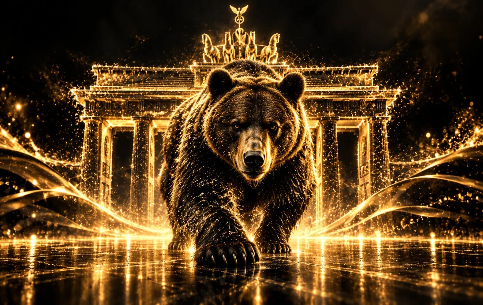 Goldener Berliner Bär vor dem glitzernden Brandenburger Tor