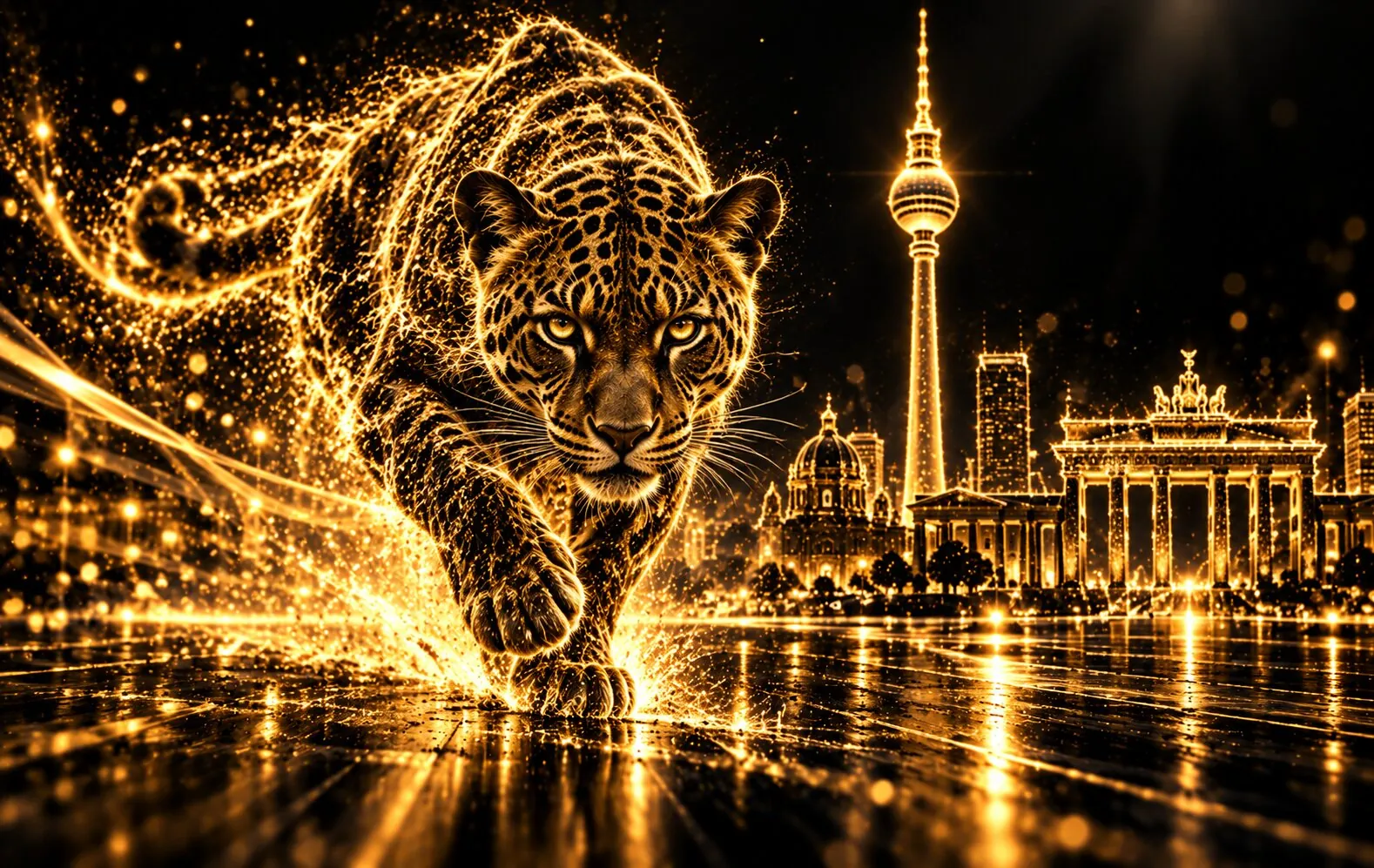 Tempo: schnelle Webseiten Goldener Leopard sprintet vor der Berliner Skyline mit Fernsehturm und Brandenburger Tor