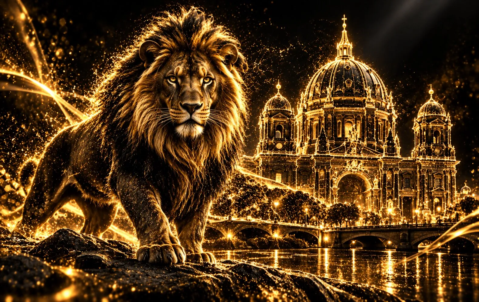 Goldener Löwe vor dem funkelnden Berliner Dom als Sinnbild für Markenstärke und Führung