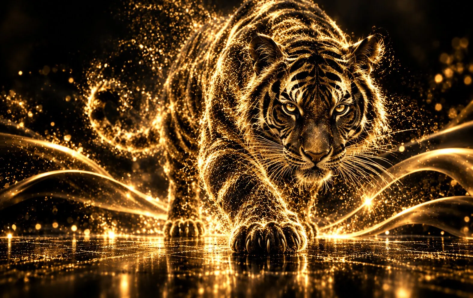 Goldener Tiger aus Lichtpartikeln im Lichtwirbel als Symbol für Durchsetzungskraft