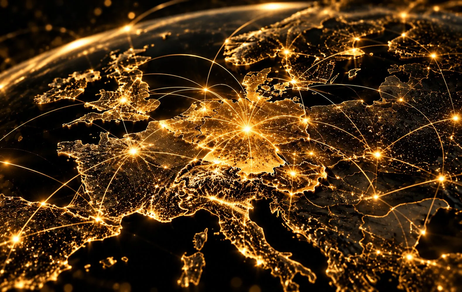 Reichweite in Europa Goldenes Netzwerk über Europa mit Zentrum Deutschland als Symbol für Reichweite im DACH-Raum