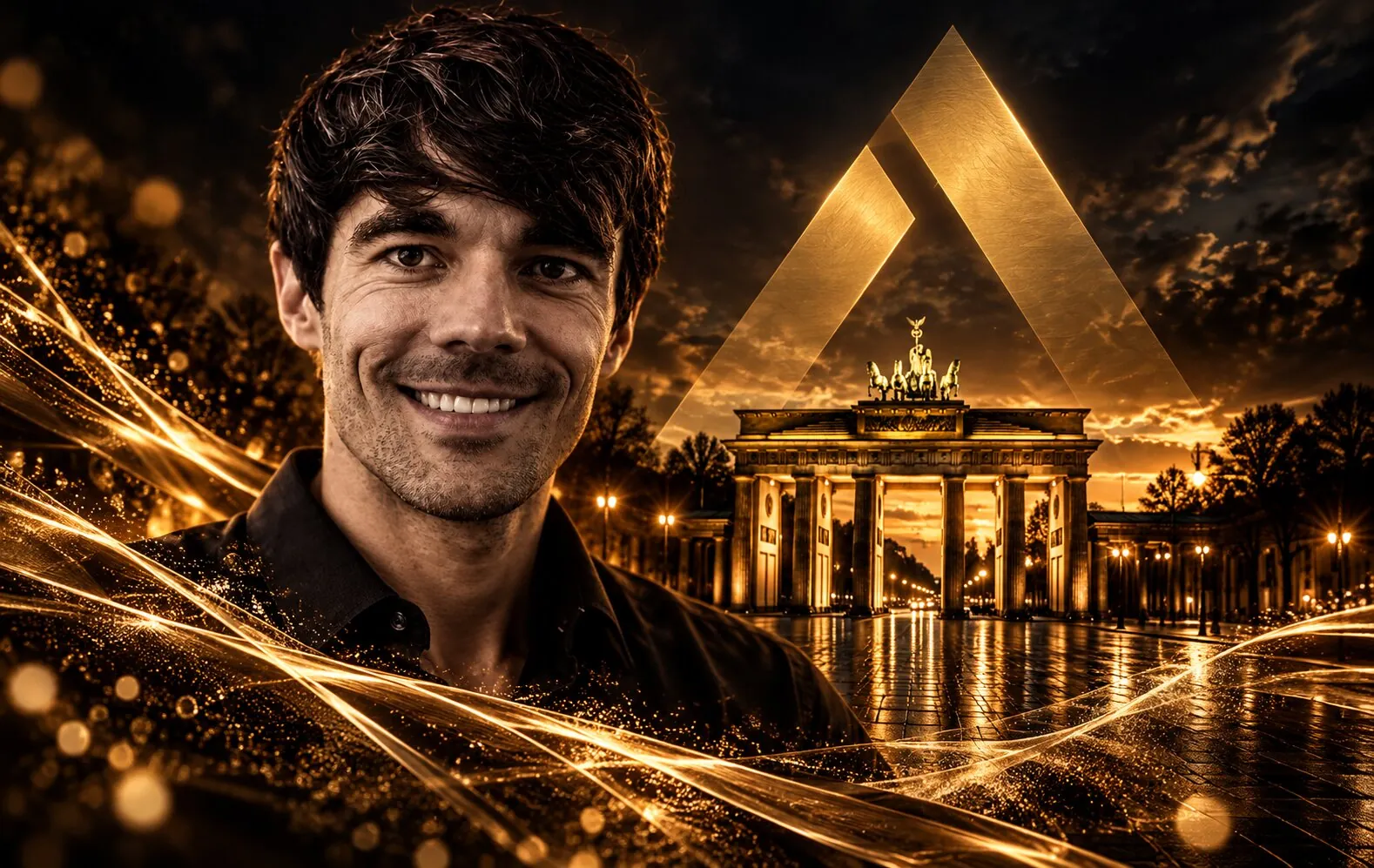 Matthias Hatzak vor dem Brandenburger Tor bei Nacht mit goldenem Dreieck
