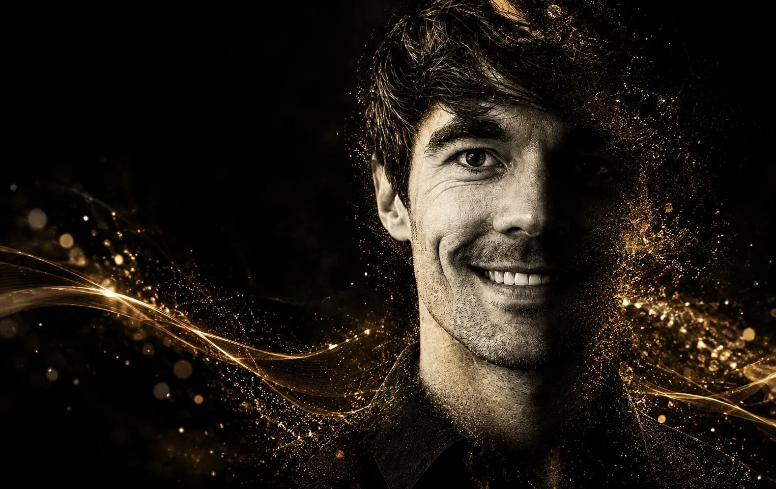 Matthias Hatzak, Geschäftsführer Cinematisches Porträt von Matthias Hatzak mit goldenem Staub und Lichtwellen
