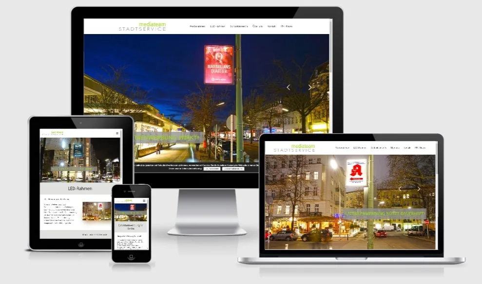 laternenwerbung-berlin.de Website WordPress Website laternenwerbung-berlin.de der mediateam STADTSERVICE GmbH auf mehreren Geräten