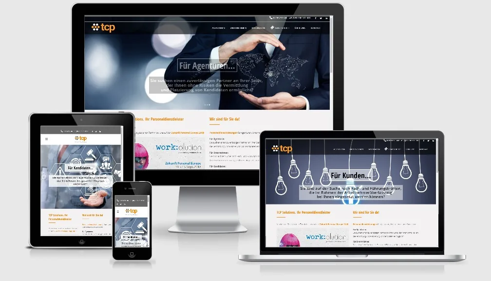 tcp Solutions Website Kreatives WordPress Webdesign der Berliner Personalagentur tcp Solutions auf mehreren Geräten