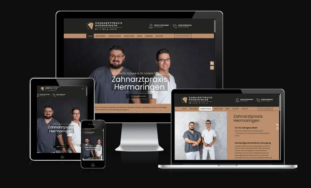 Zahnarztpraxis Hermaringen Website Responsive WordPress Website der Zahnarztpraxis Hermaringen auf Desktop, Tablet und Smartphone